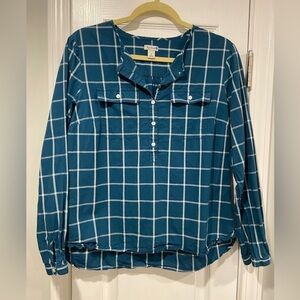 L.L. Bean Size S Cotton Collarless Teal Ivory Plaid Long Sleeve Popover Shirt